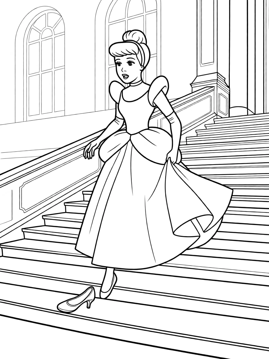 Cinderella at the stroke of midnight, with one glass slipper left behind on the palace steps