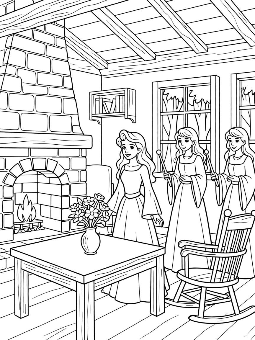 Sleeping Beauty (Aurora) in her forest cottage, surrounded by her fairy godmothers