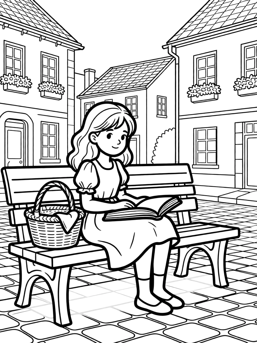 Belle reading a book in the provincial town, with dreamy expression and basket