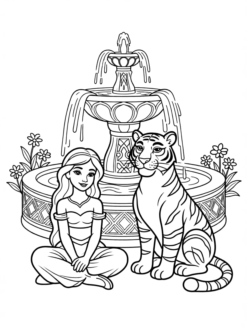 Jasmine and her tiger Rajah sitting by the palace fountain in Agrabah