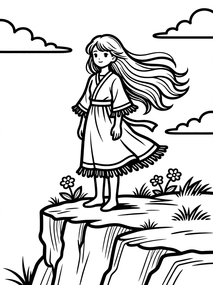 Pocahontas standing on a cliff with her hair blowing in the "colors of the wind"