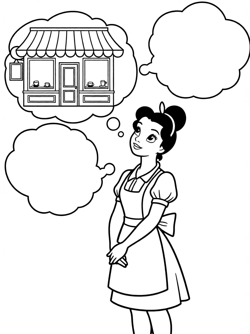 Tiana in her waitress outfit dreaming of her future restaurant