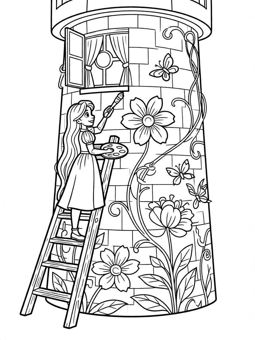 Rapunzel painting the walls of her tower with colorful murals