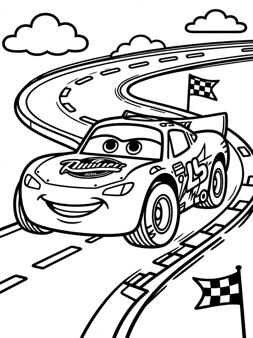 Lightning McQueen racing around a track with determined expression