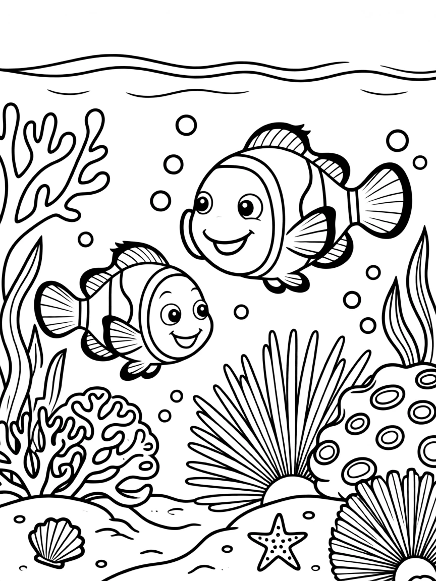 Nemo and his dad Marlin swimming through a coral reef