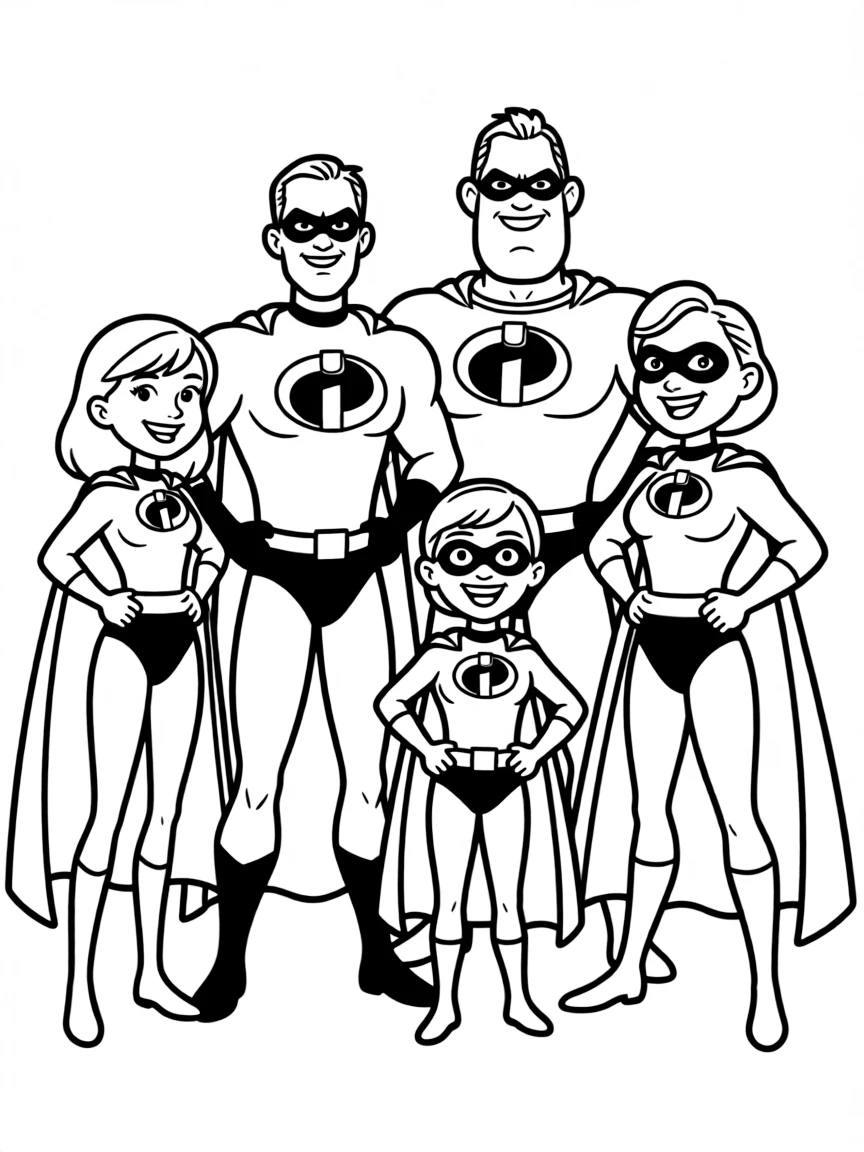 The Incredibles family in their superhero poses and matching outfits