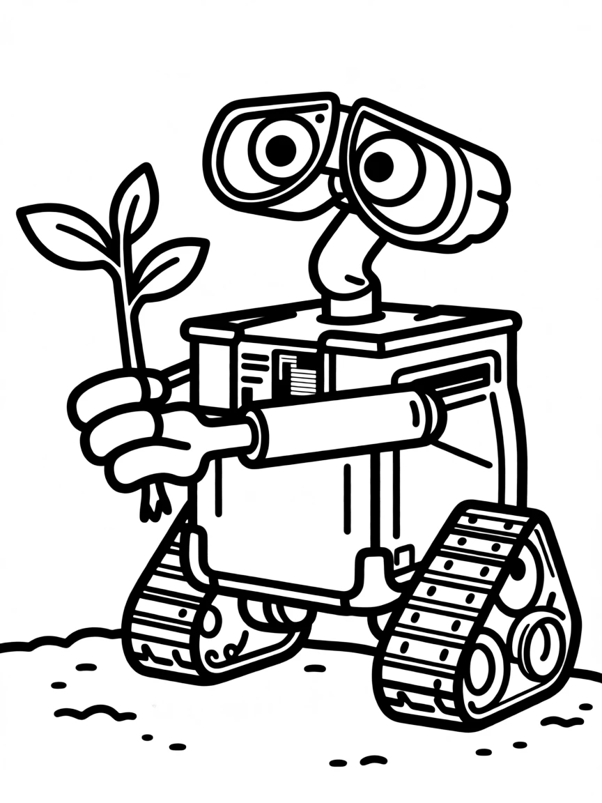 WALL-E holding a plant in his compactor hands, looking hopeful