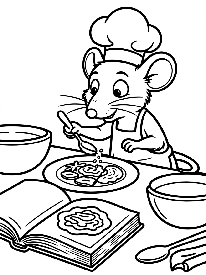 Remy from Ratatouille creating a gourmet dish with passionate concentration
