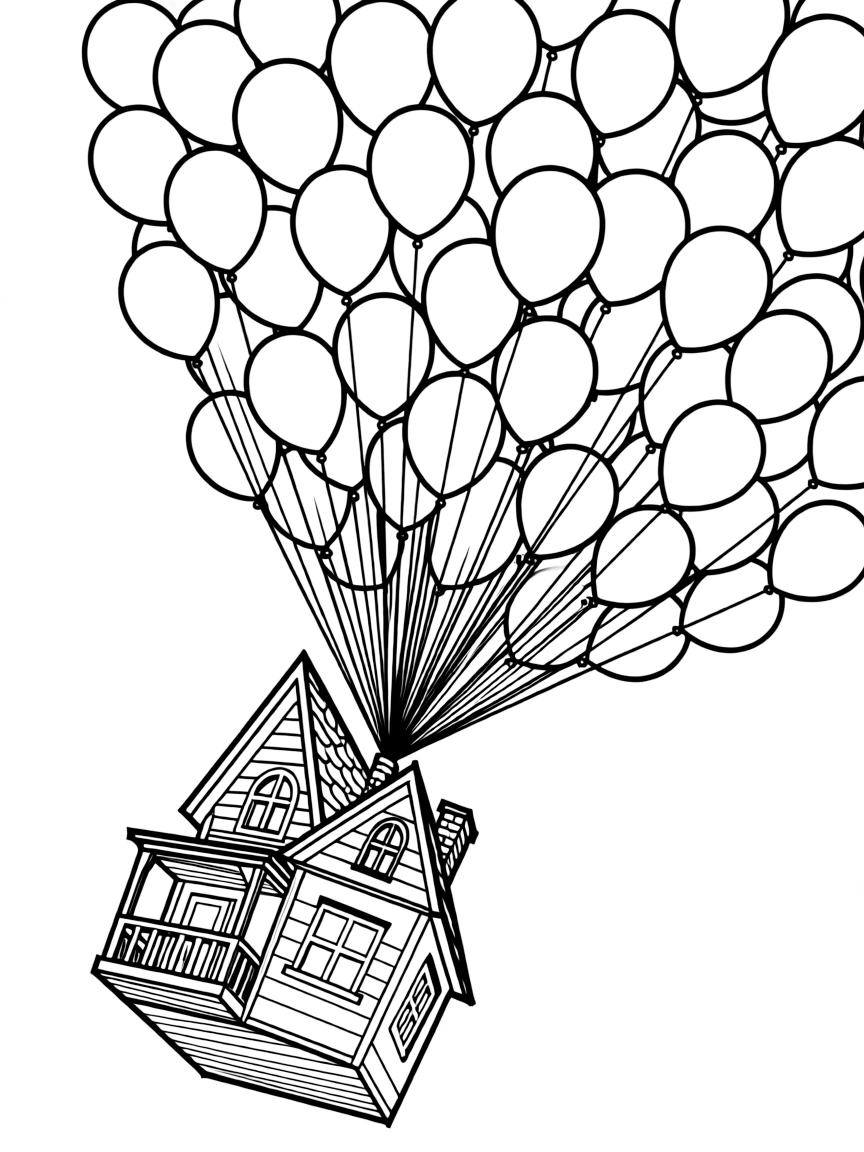 Carl Fredricksen's house from Up floating with thousands of balloons