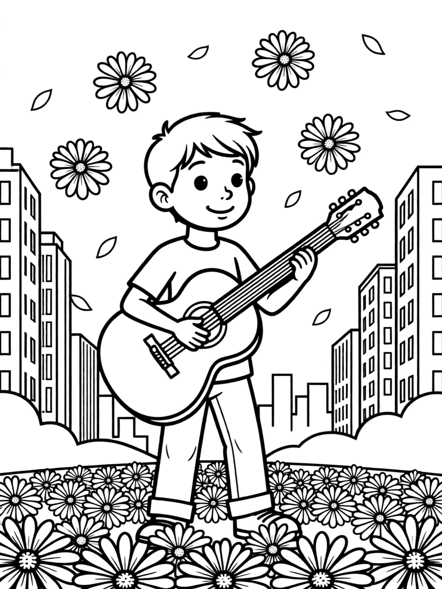 Miguel from Coco playing his guitar in the land of the dead with marigold petals