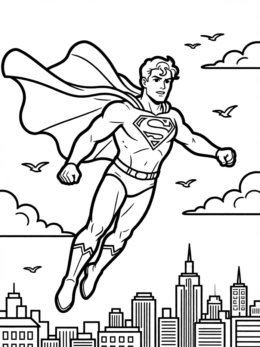 Superman flying through the sky with his cape billowing behind him