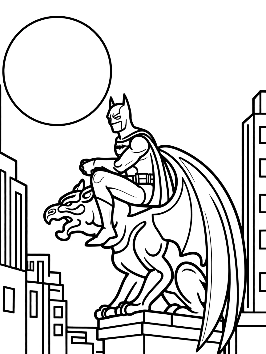 Batman perched on a Gotham City gargoyle at night, vigilant and brooding