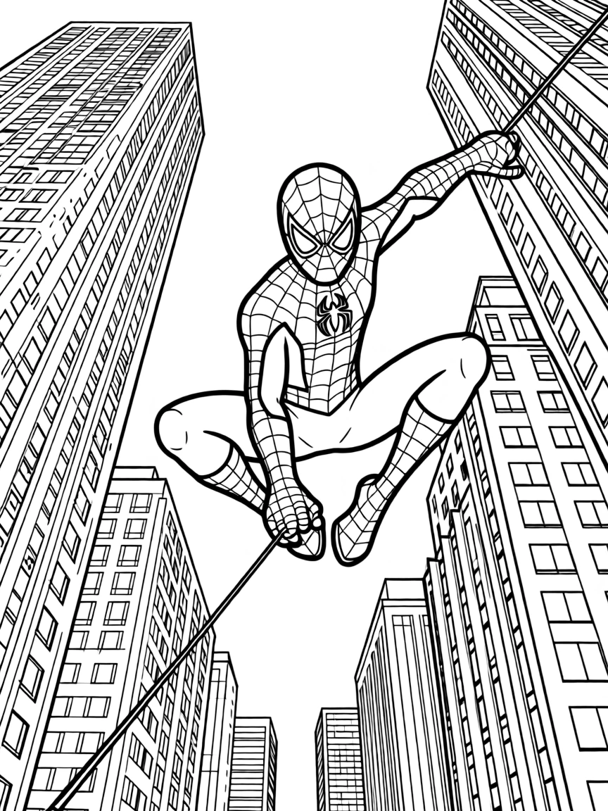 Spider-Man swinging between New York skyscrapers on his web