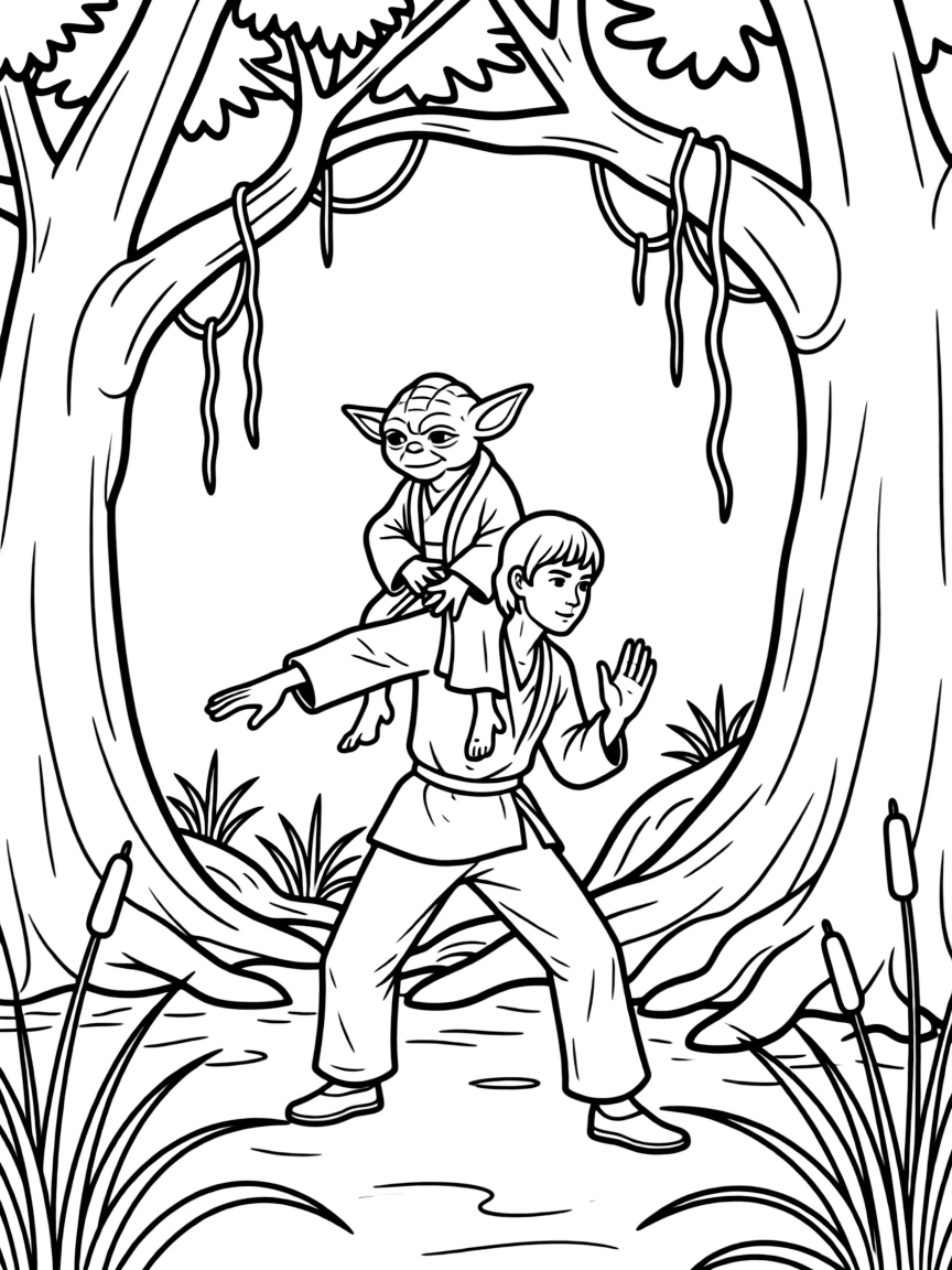 Luke Skywalker training with Yoda on his back in the Dagobah system