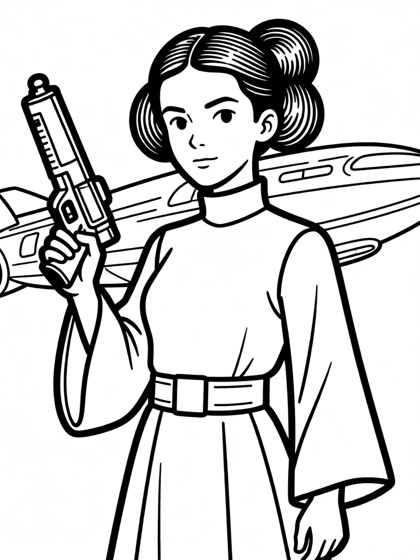 Princess Leia with her iconic side buns and determined expression