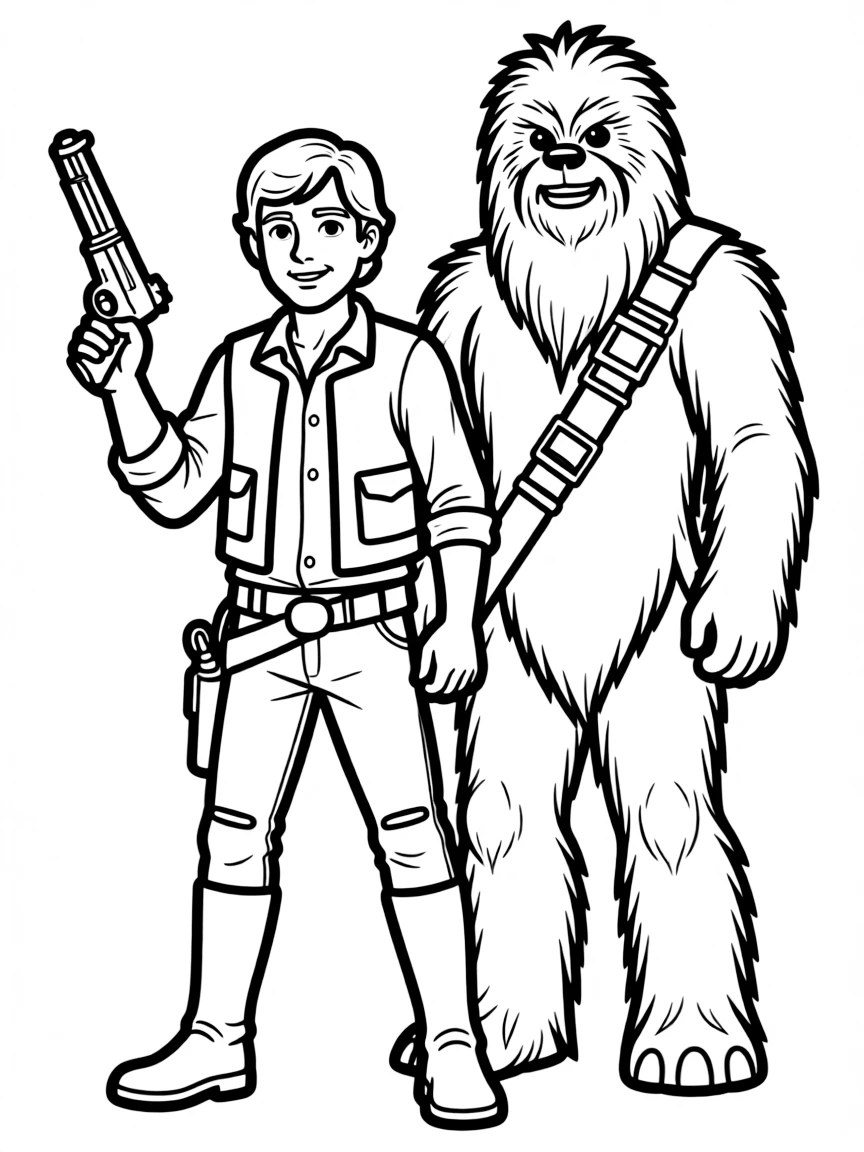 Han Solo with his blaster drawn, Chewbacca at his side