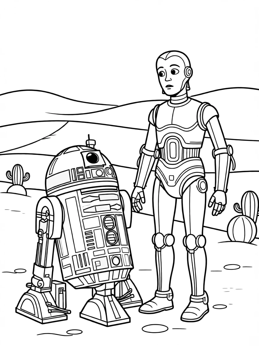 R2-D2 and C-3PO in the Tatooine desert looking concerned
