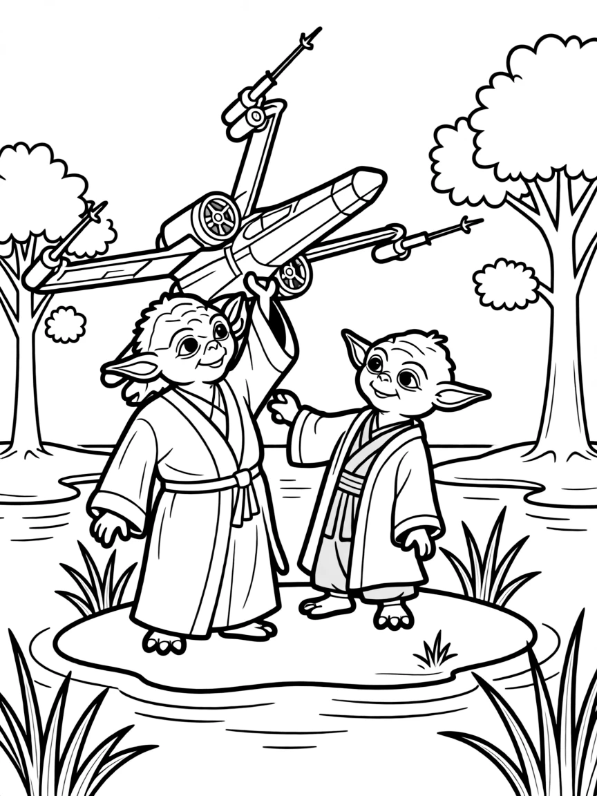 Yoda using the Force to lift an X-wing from the swamp