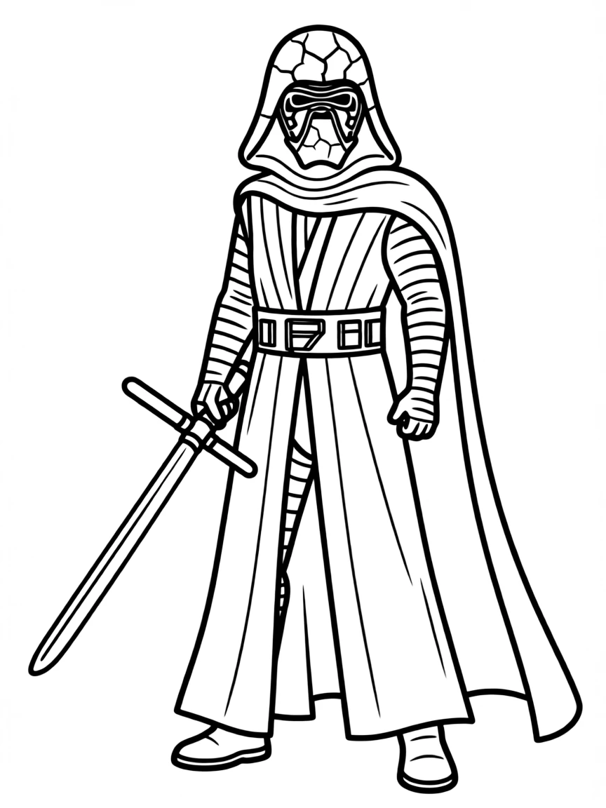 Kylo Ren in his cracked mask with his crossguard lightsaber