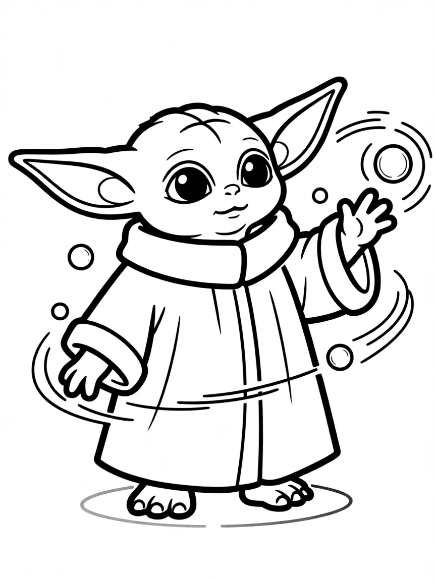 Baby Yoda (Grogu) reaching out with the Force, his big ears perked up