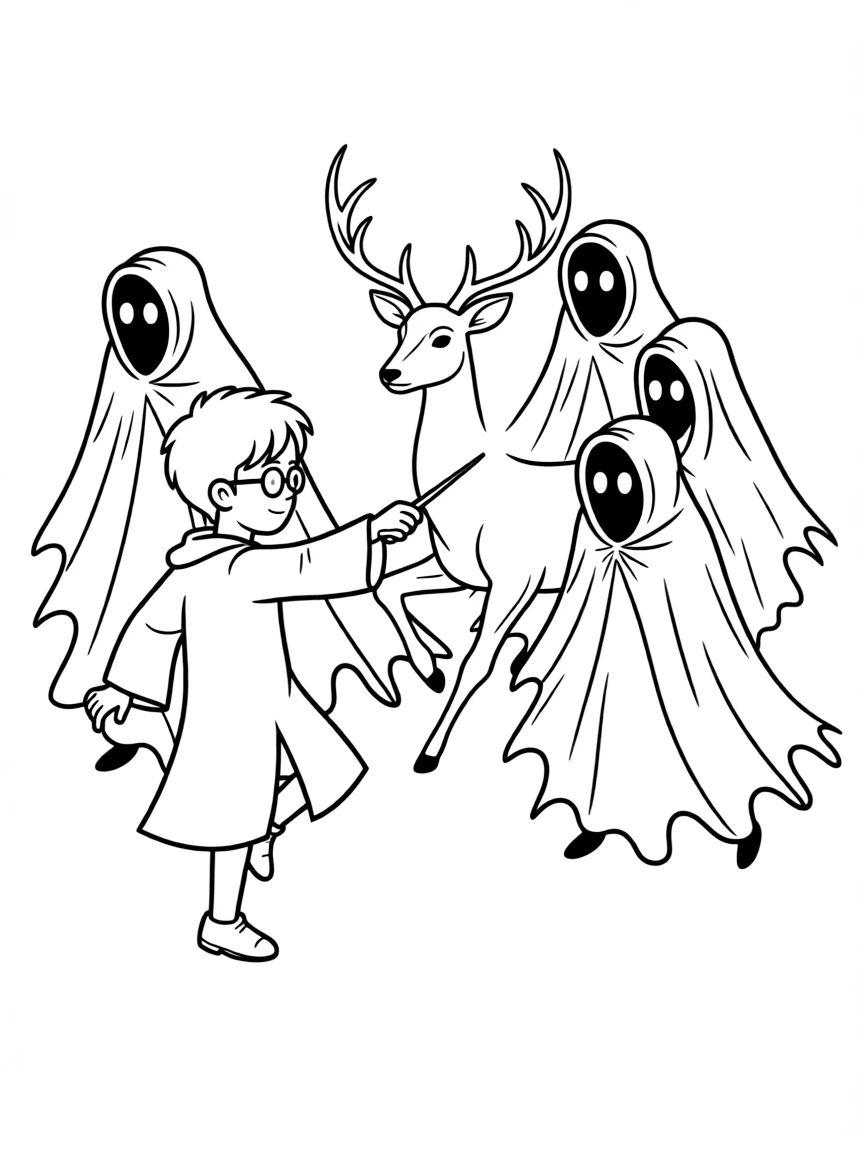 Harry Potter casting his Patronus charm against approaching Dementors