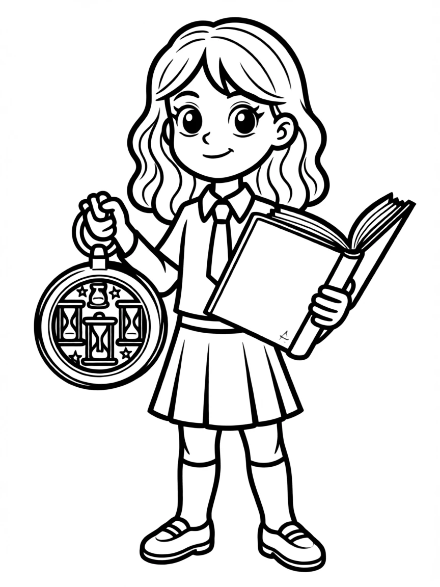 Hermione Granger with her time-turner and spellbook, looking determined