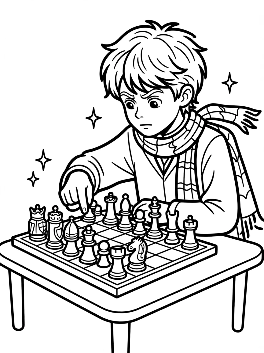 Ron Weasley playing wizard chess with intense concentration