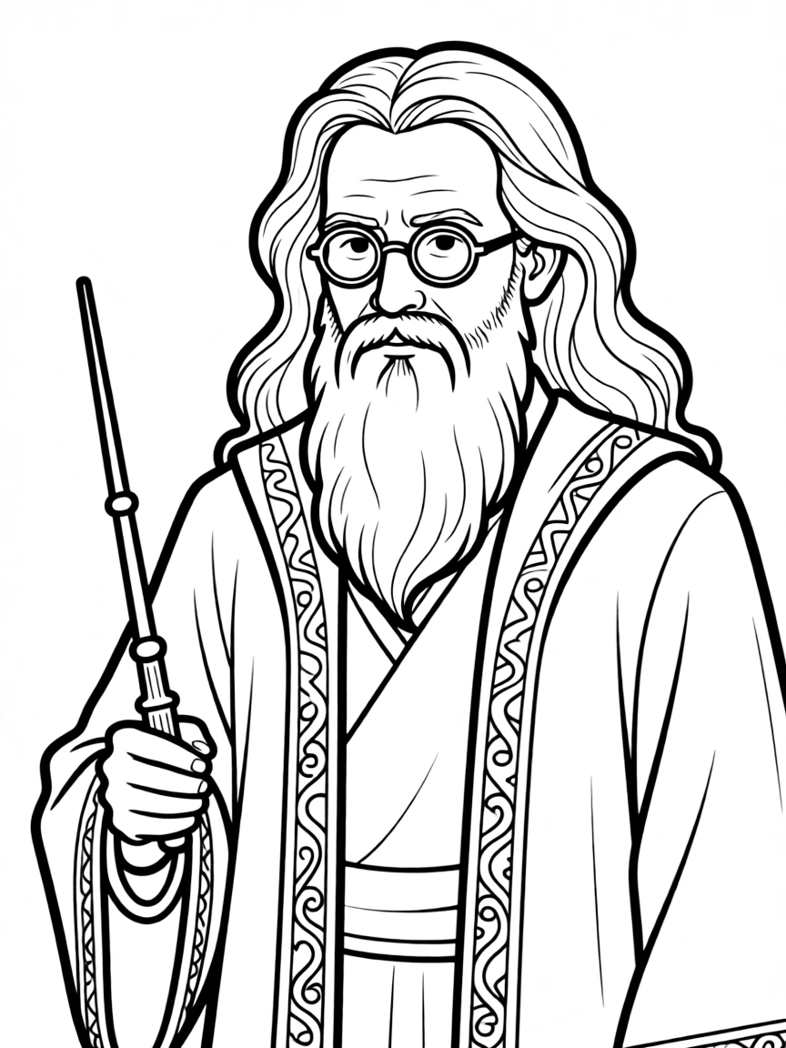 Albus Dumbledore with the Elder Wand, his half-moon spectacles gleaming