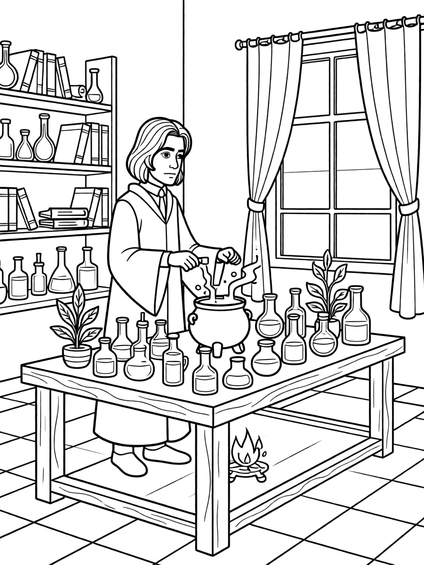 Severus Snape brewing a complex potion in his dungeon classroom