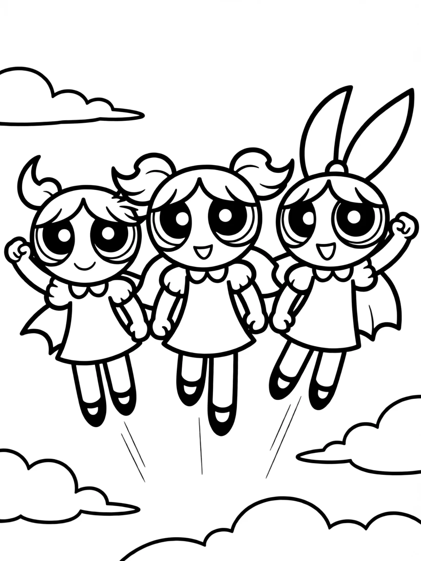 The Powerpuff Girls flying in formation with determined expressions