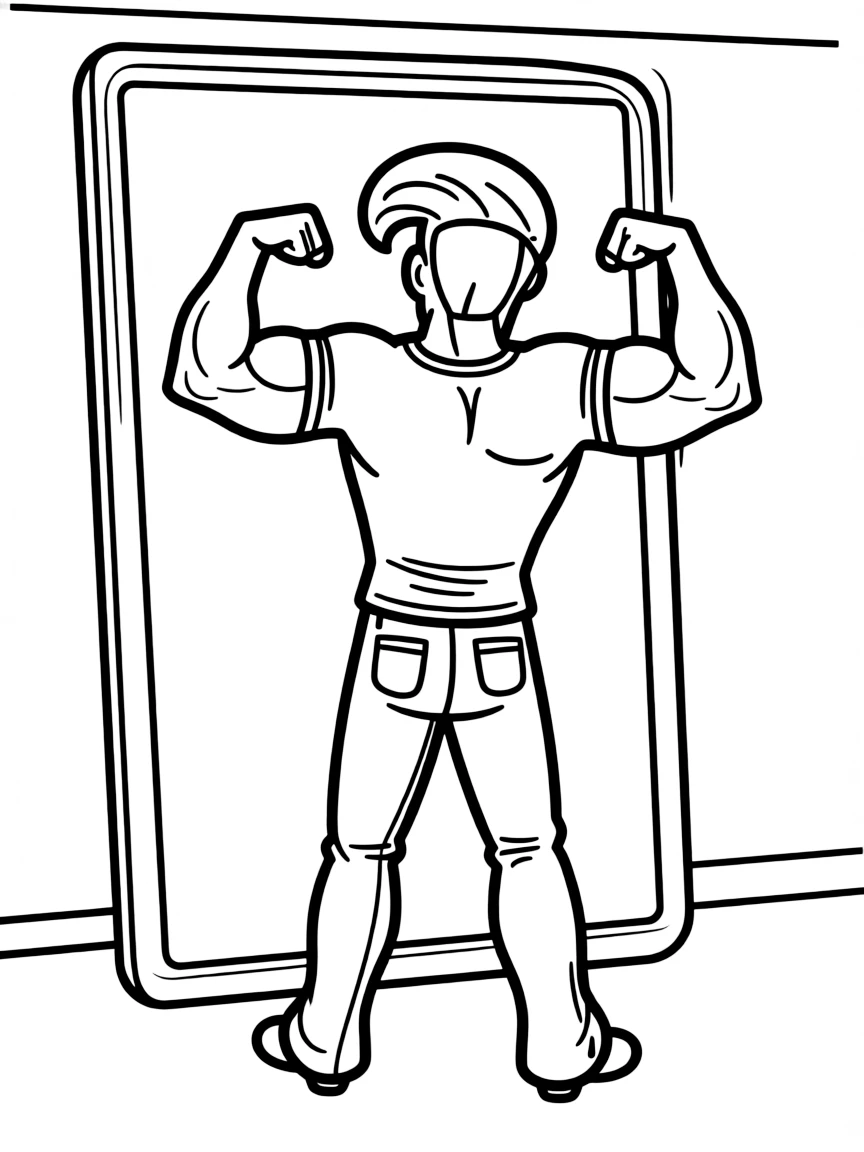 Johnny Bravo flexing his muscles in front of a mirror