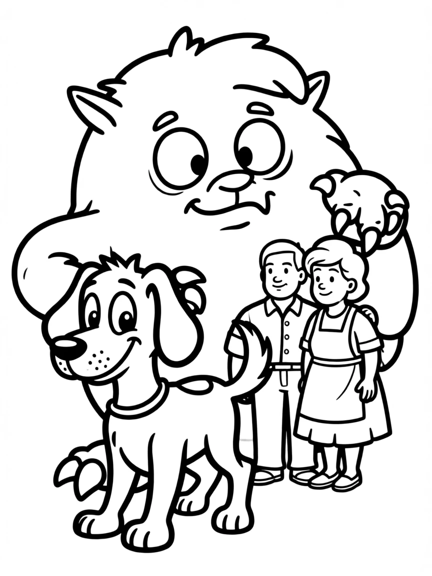 Courage the Cowardly Dog protecting his elderly owners from a monster