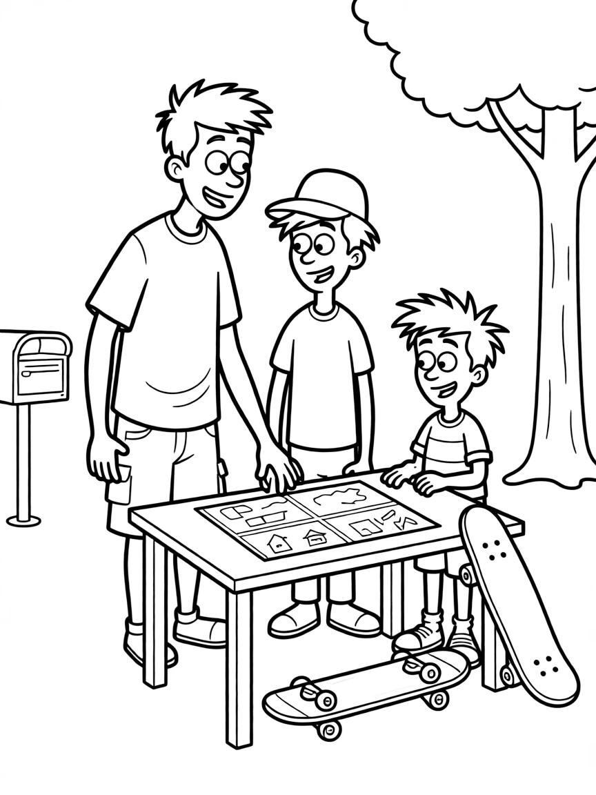 Ed, Edd, and Eddy planning their next neighborhood scam