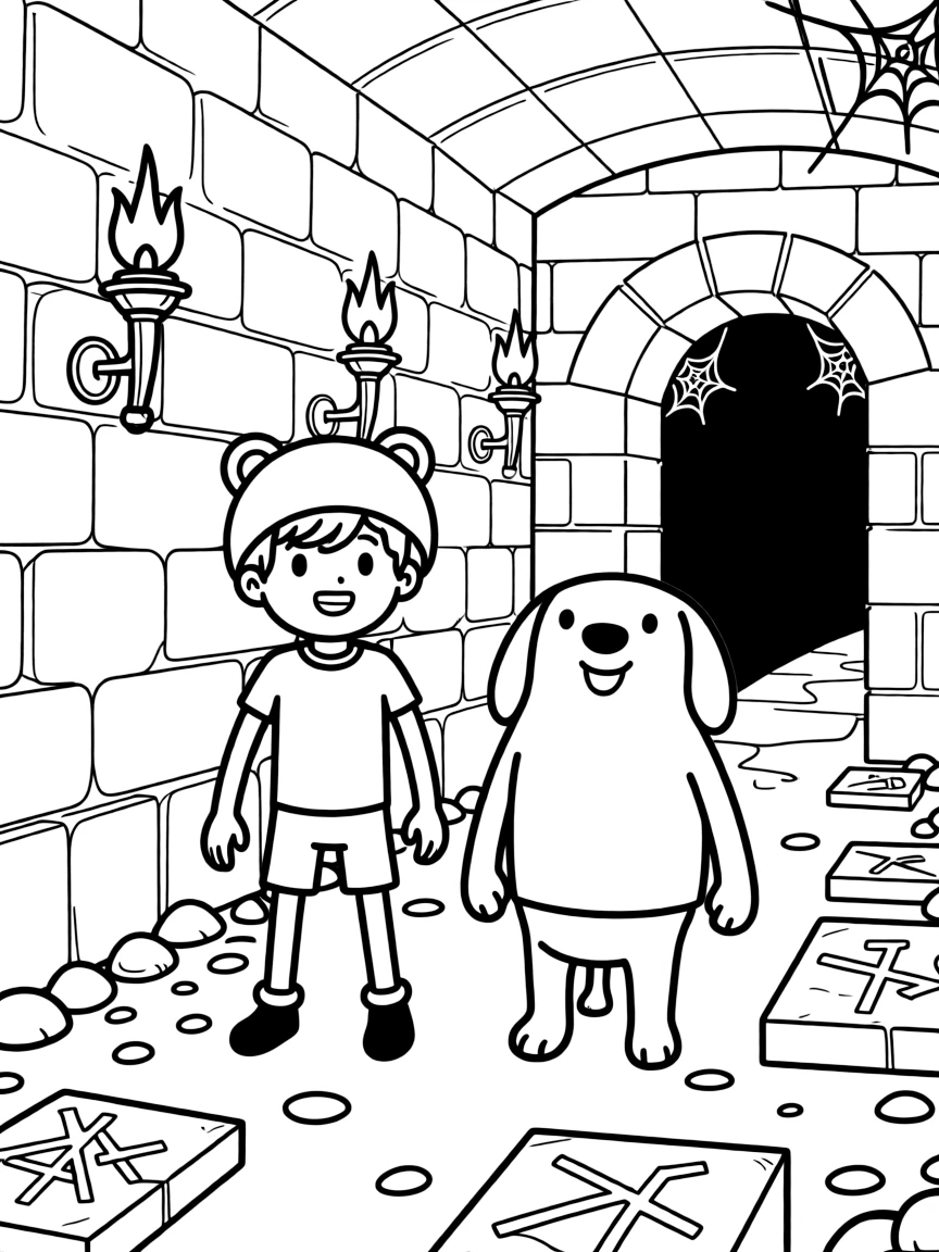 Finn and Jake from Adventure Time exploring a mysterious dungeon
