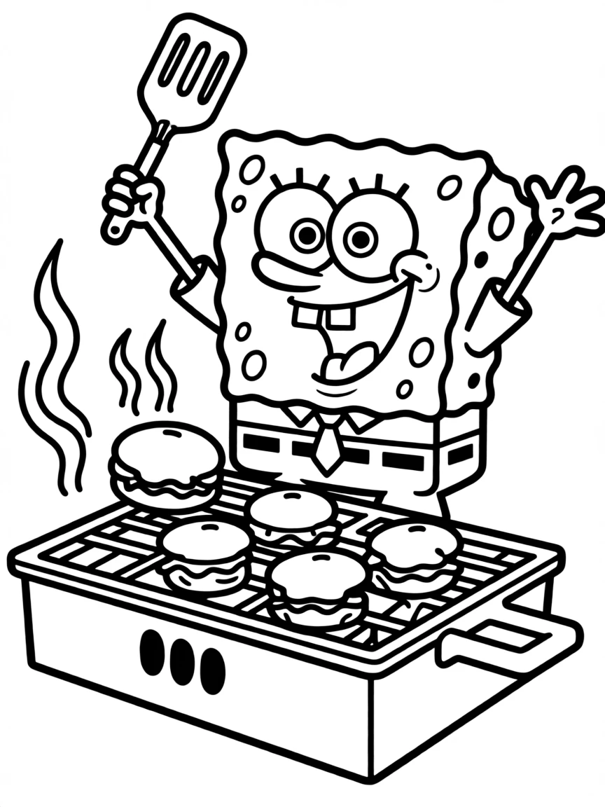 SpongeBob SquarePants flipping Krabby Patties with enthusiasm