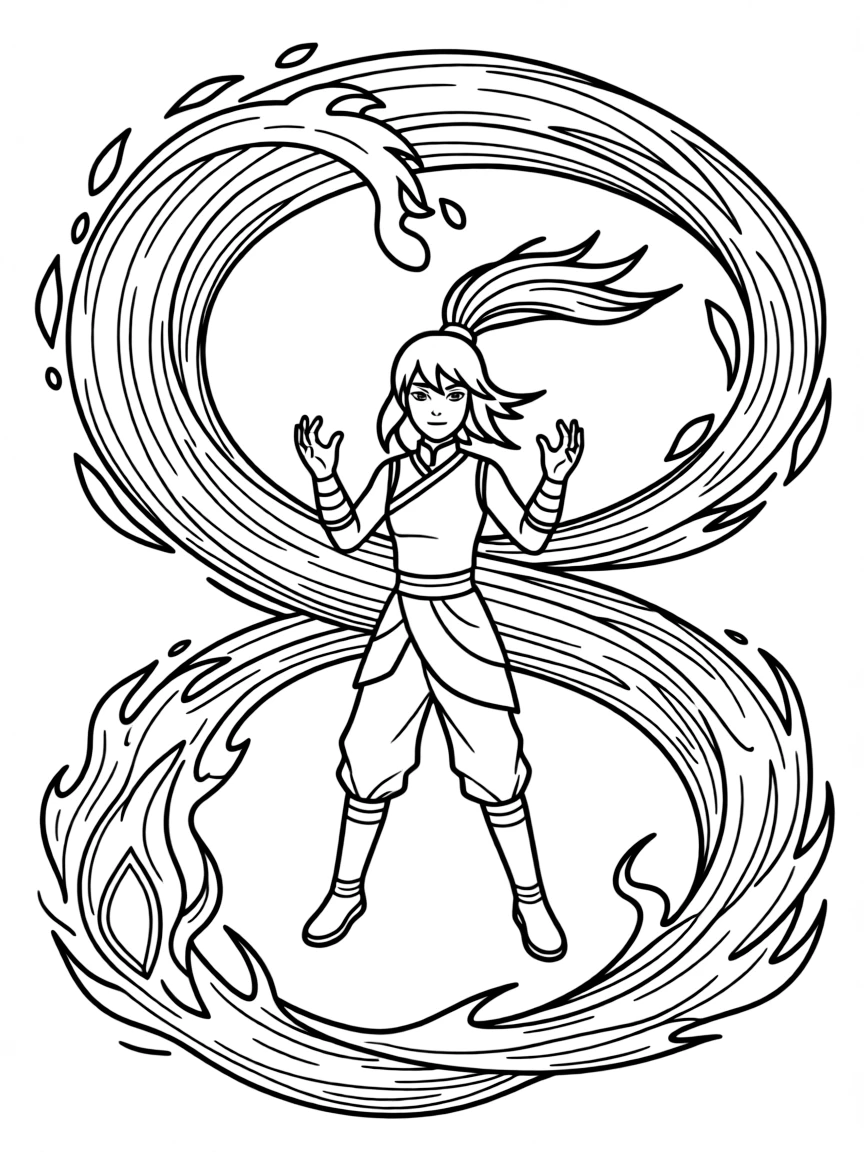Korra in the Avatar state with all elements swirling around her