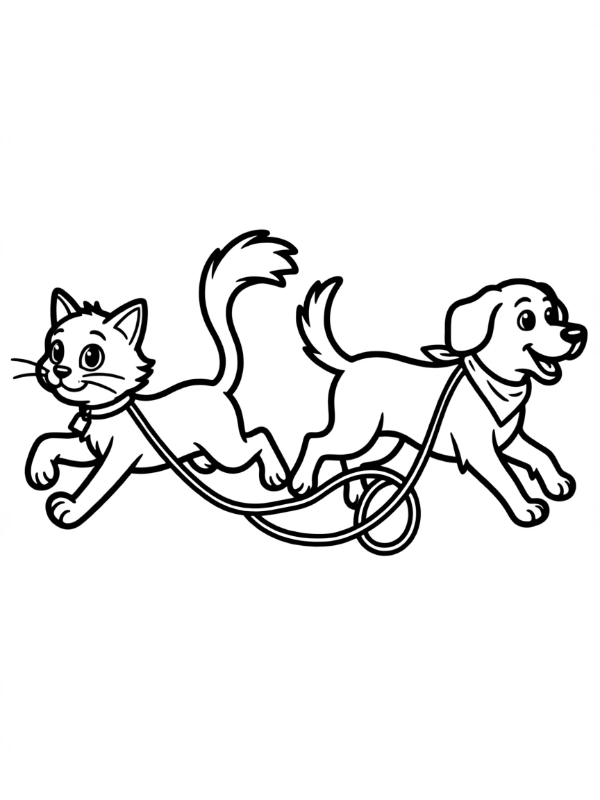 CatDog running in opposite directions causing a comical predicament
