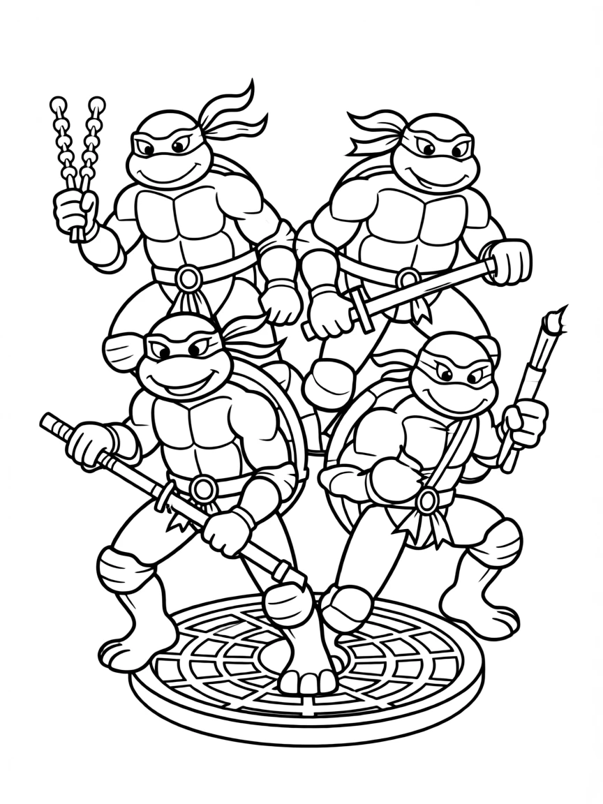 The Ninja Turtles emerging from a manhole cover, weapons ready