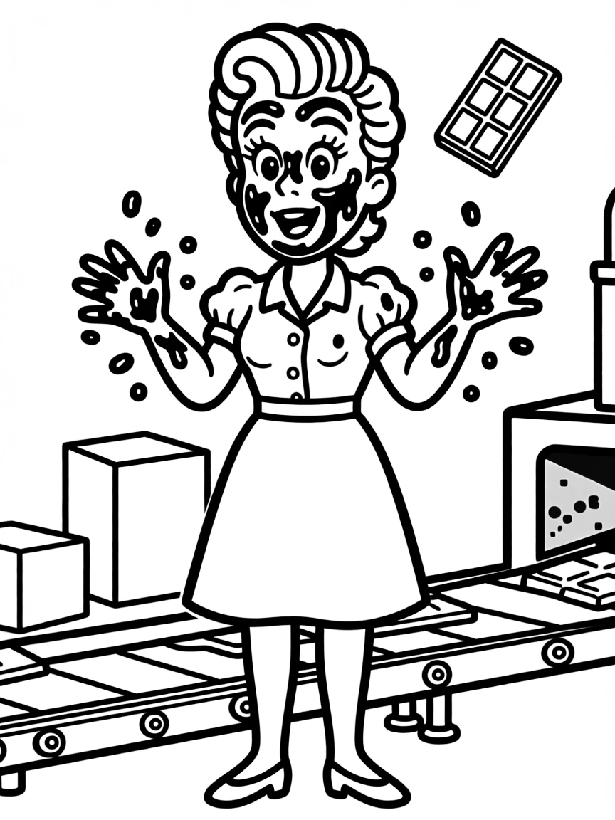 Lucy Ricardo from I Love Lucy with chocolate all over her face from the factory scene