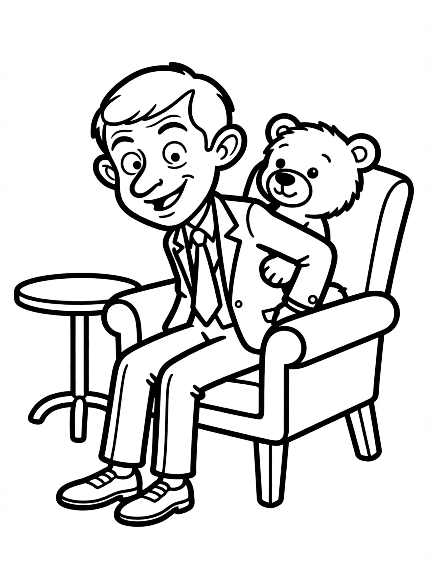 Mr. Bean with his teddy bear in a comical situation