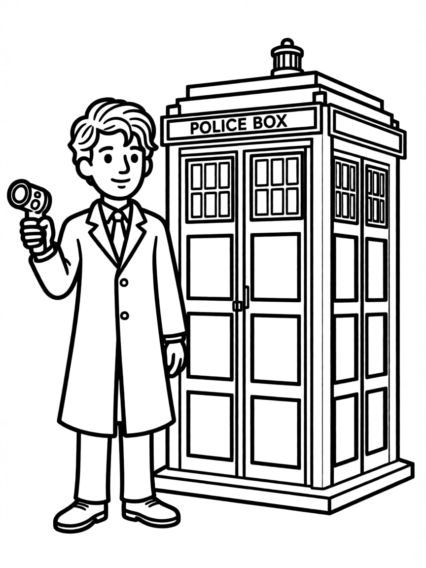 The Doctor with the TARDIS and sonic screwdriver from Doctor Who