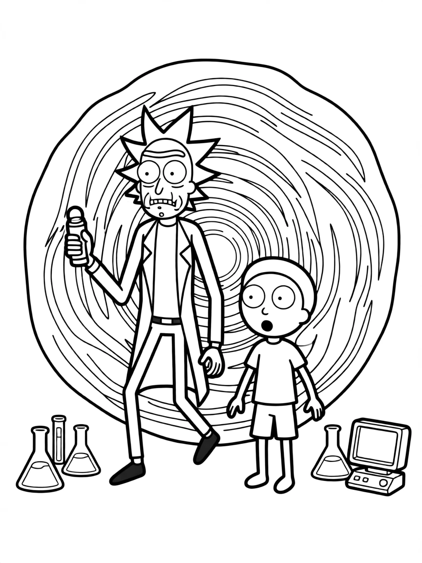 Rick and Morty stepping through a dimensional portal with scientific equipment