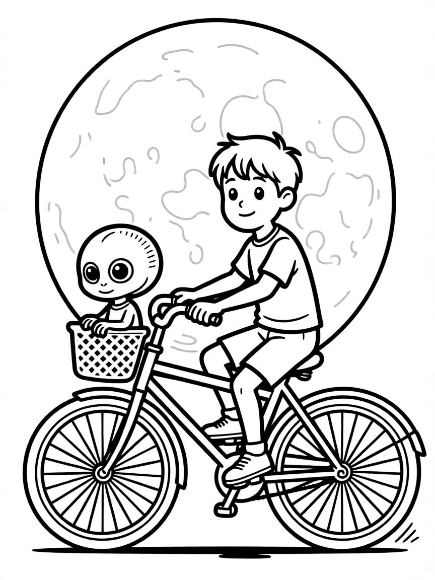 E.T. and Elliott on a bicycle silhouetted against the moon