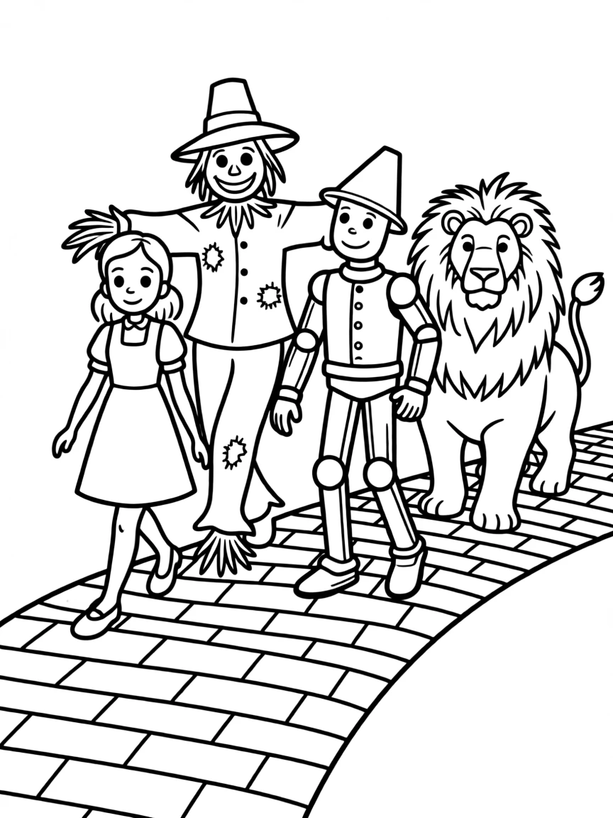 Dorothy, Scarecrow, Tin Man, and Cowardly Lion walking the Yellow Brick Road