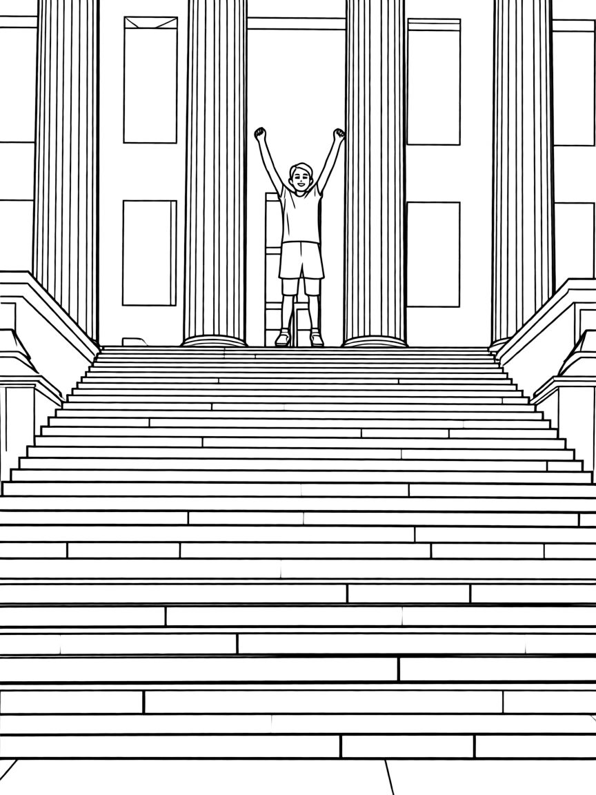 Rocky Balboa triumphantly raising his arms atop the Philadelphia Museum steps