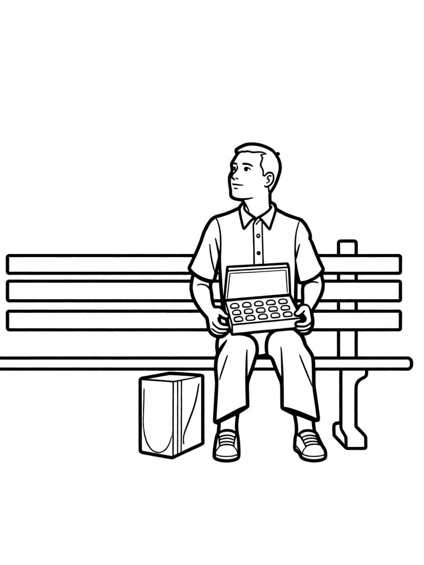 Forrest Gump sitting on his bench with a box of chocolates