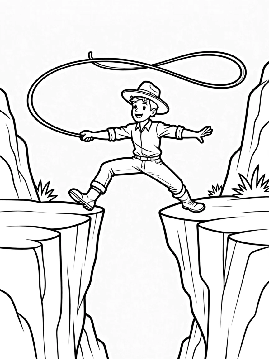 Indiana Jones swinging on his whip over a chasm