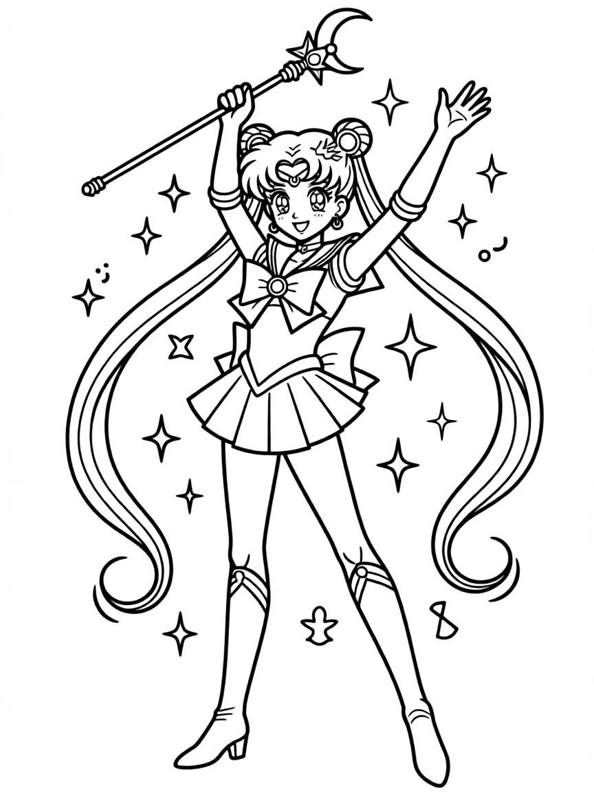 Sailor Moon in her transformation sequence with her wand