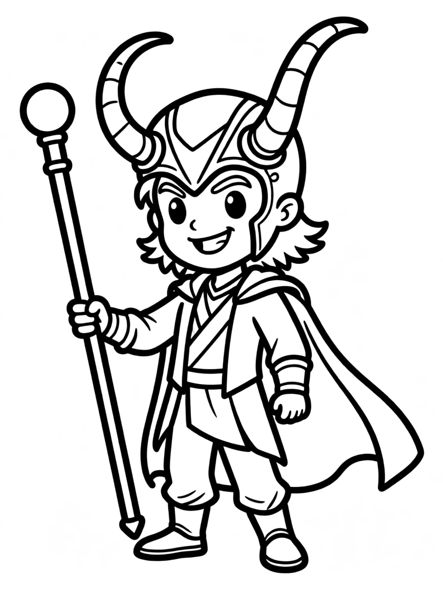 Loki with his horned helmet and staff, mischievous smile