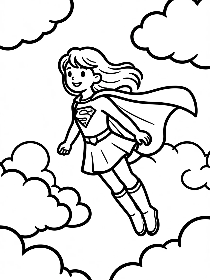 Supergirl flying through clouds with hopeful expression